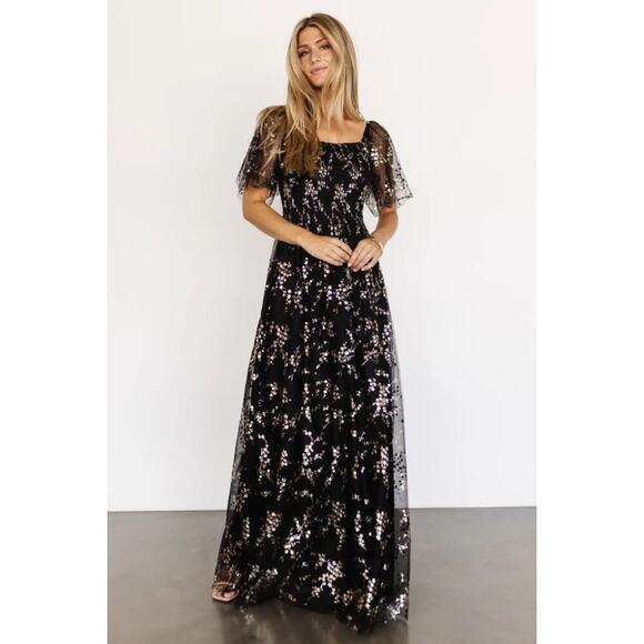 Baltic Born Black & Gold Metallic Floral Cassandra Tulle Maxi Dress Size Small - Picture 3 of 9